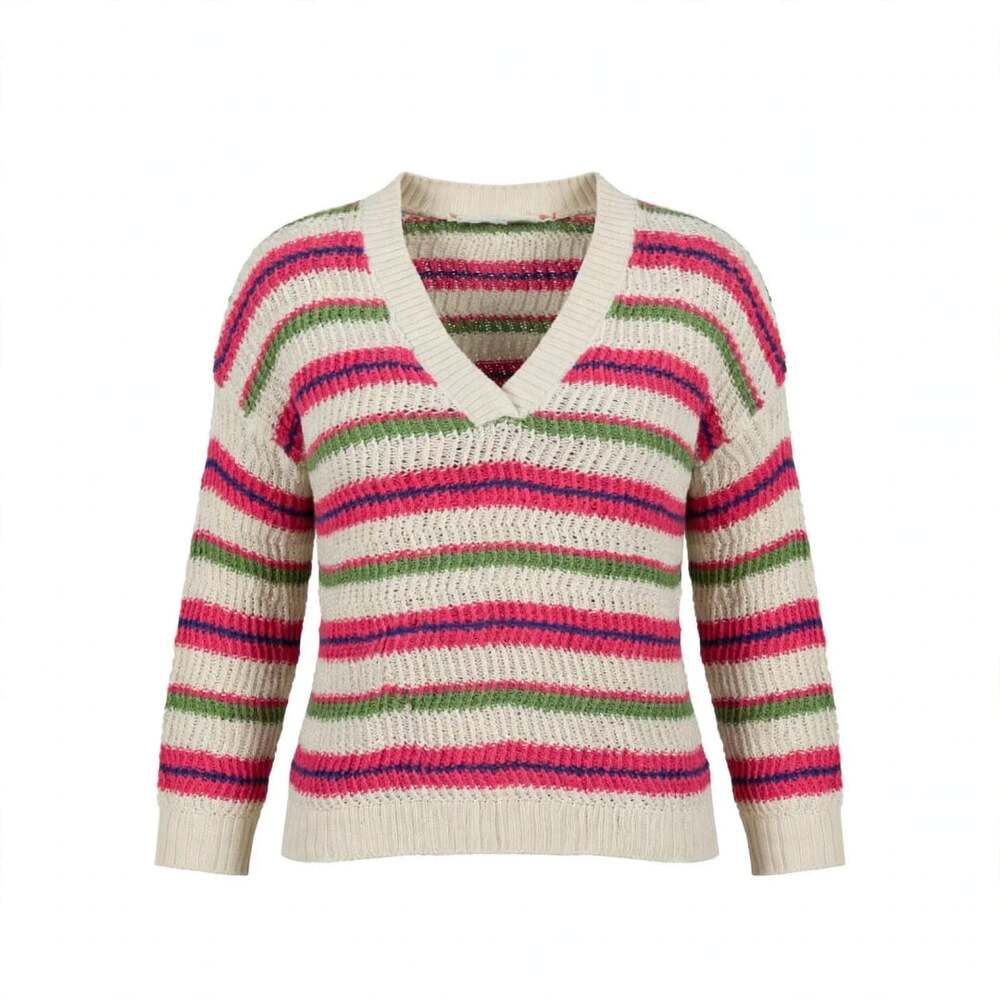 LOFT Striped V-Neck Sweater Size L Pink Green Cream Lightweight Knit 3/4 Sleeve